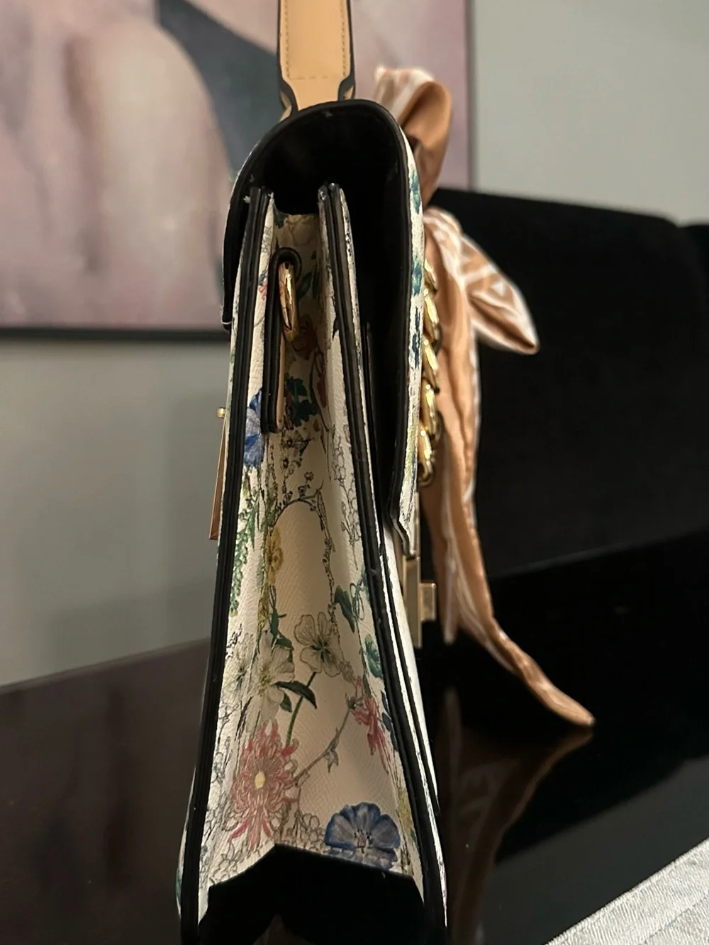 Aldo Floral Print Satchel with Tan Silk Scarf Accent